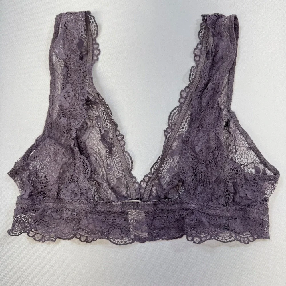 NWOT Eberjey India Lace Bralette Blue‎ Grey Wireless Sheer V-Neck Unlined Medium